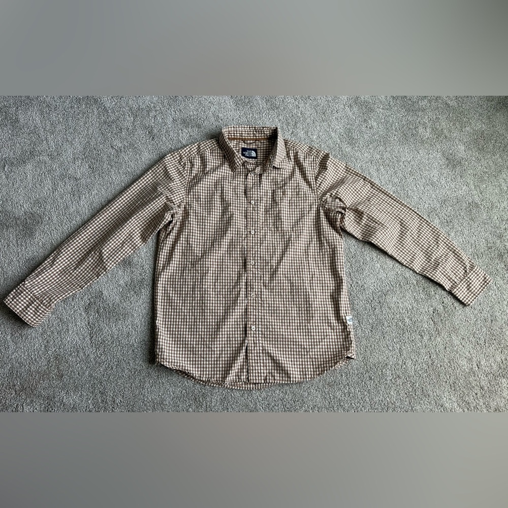 The North Face Men's Tan Checkered Plaid Button Down Long Sleeve Shirt Medium